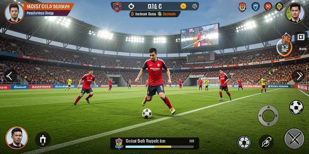 Tampilan gameplay KOSTOTO yang seru dan interaktif dalam pertandingan sepak bola.