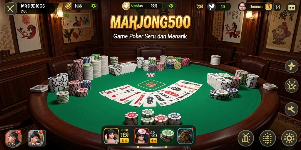 Screenshot utama MAHJONG500 menampilkan gameplay Poker yang seru.